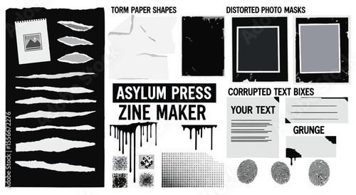 Asylum Press Zine Maker. Grunge Collage Kit. Vector set with torn paper, photo masks, and drip textures for creating punk posters or album art.
