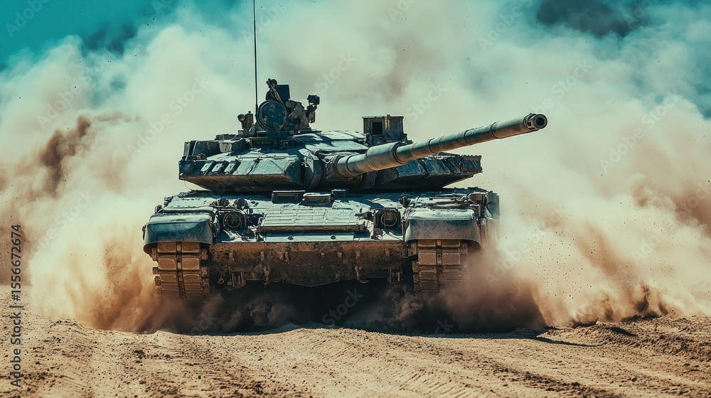 Fototapeta premium Tank moves, dust cloud trails; desert battlefield image