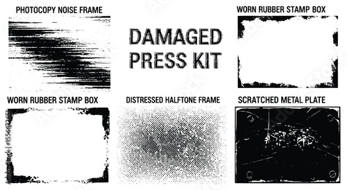 Damaged Press Kit. Grunge Texture Overlays. Vector set with photocopy noise, rubber stamp frames, and metal scratches for vintage poster designs.