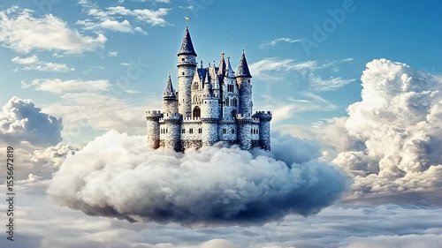 A majestic fantasy castle perched on a fluffy cloud under a vibrant sky.