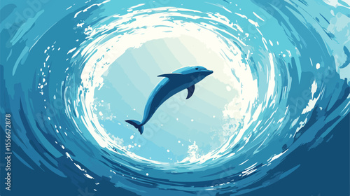 Dolphin Jumping Through Hoop Flat Vector Illustration