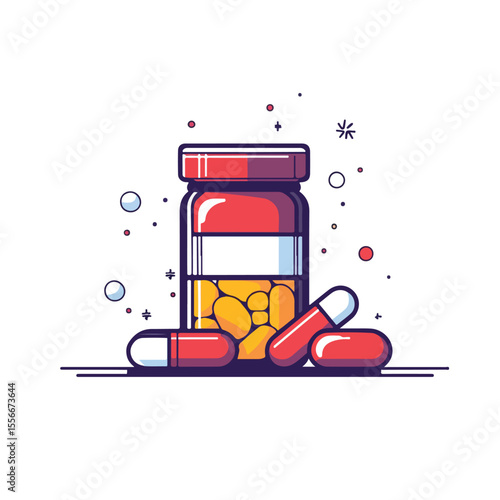 Colorful Drug Pills and Bottle Cartoon Vector Illustration