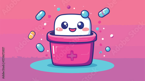 Colorful Kawaii Character Vector Illustration on Drug Box Background