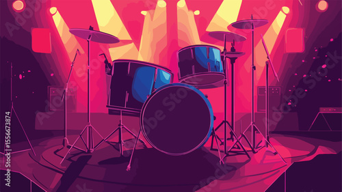 Dynamic Drum Kit on Stage Backdrop Flat Vector Illustration