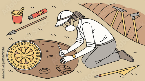 Archaeologist Excavating Ancient Artifact: Scientific Discovery & Paleontological Fieldwork Illustration
