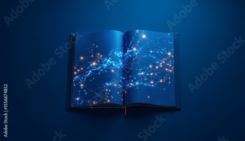 An open book with pages illuminated by a network of glowing blue lights against a dark blue background.