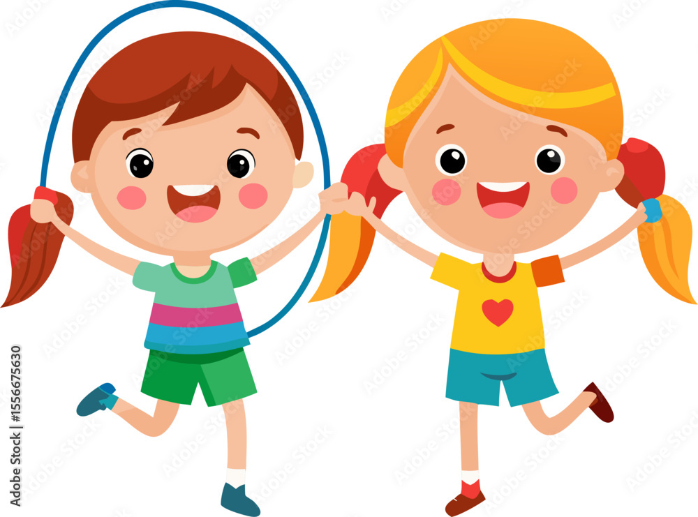 Bright cartoon vector of children jumping rope together, withs rainbow colours and sunny background with white background. Bright cartoon vector of children jumping rope together, withs rainbow colours and sunny background with white background.