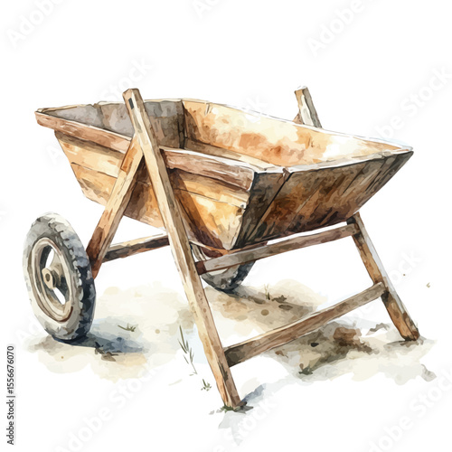 Rustic Wooden Wheelbarrow, watercolor vector, isolated on a white background.