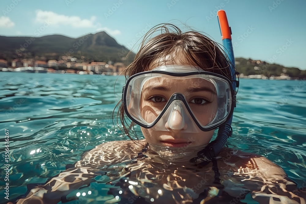 Fototapeta premium young girl with diving sea mask on holiday diving
