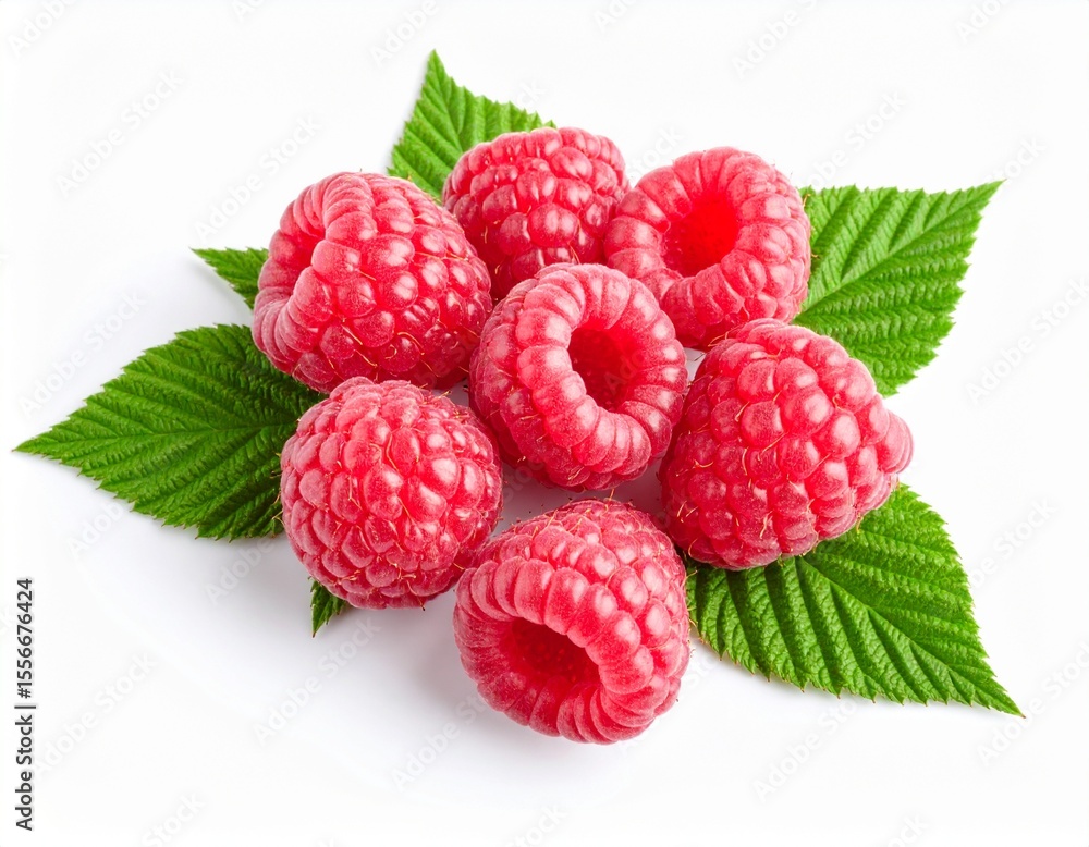 Raspberries with leaves isolated on white background Raspberries with leaves isolated on white background