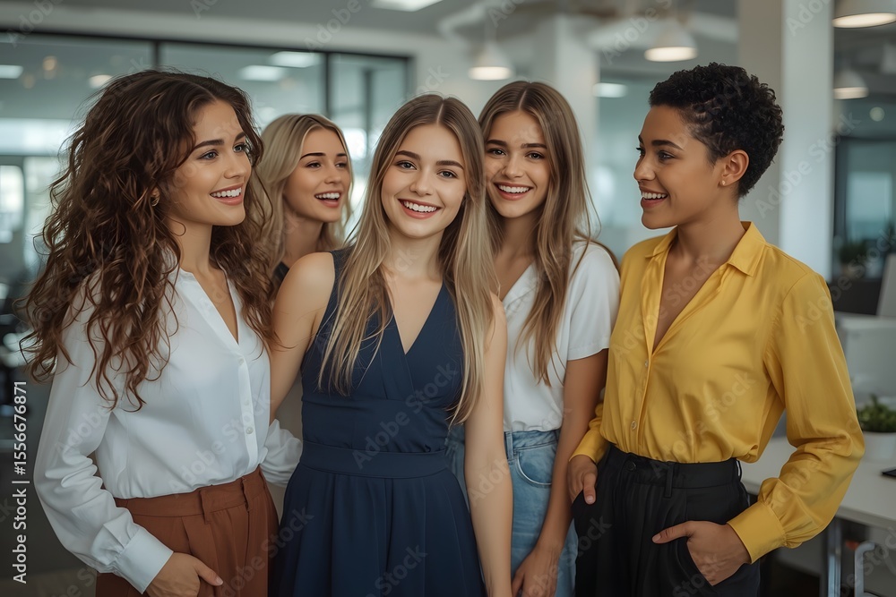 Fototapeta premium Office girls. Beautiful young girls laughing in the office