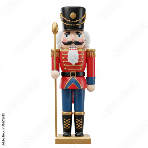 A full shot of a christmas nutcracker soldier with a spear on a transparent studio background isolated
