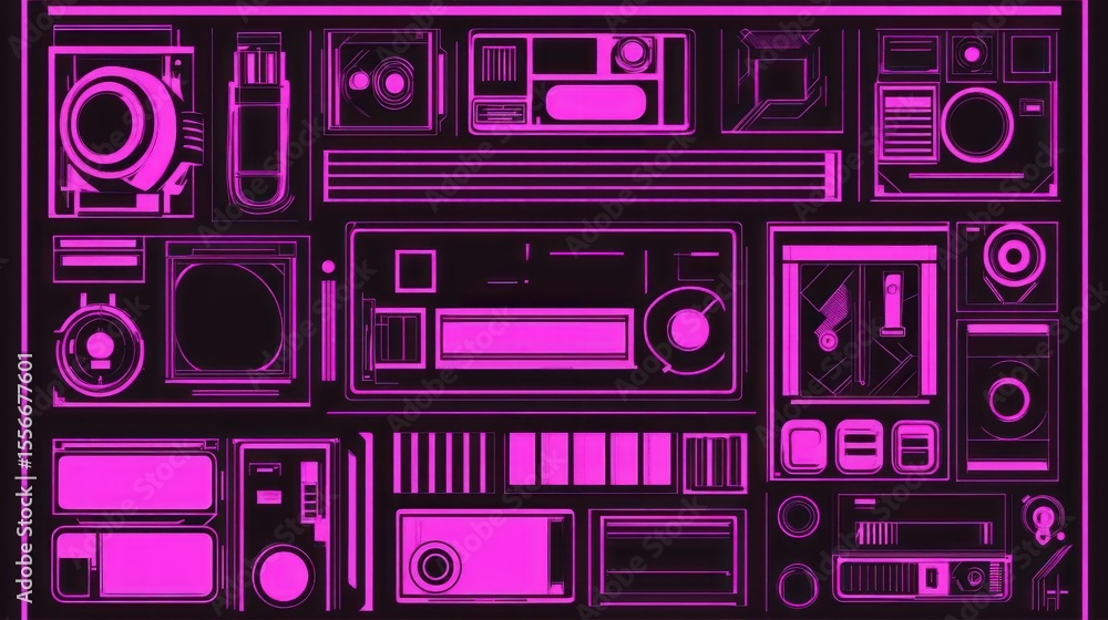Fototapeta premium Neon Pink Tech Schematics on Black Background, Abstract Futuristic Design