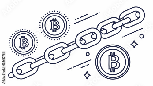 Blockchain and Cryptocurrency Concept: Digital Coin Chain Line Art Illustration