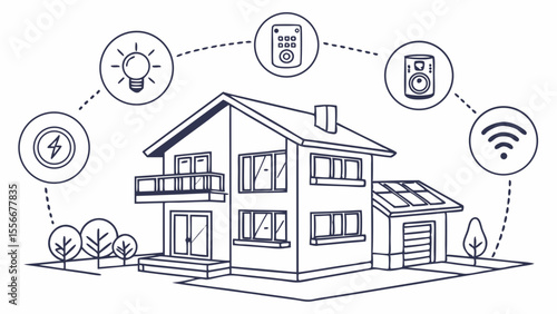 Smart Home Automation Concept. Modern House with Connected Devices, IoT Technology, and Energy Efficiency. Line Art Illustration.