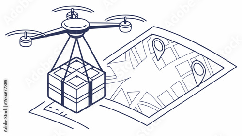 Drone delivering package over map illustration. Automated logistics, last-mile delivery, and futuristic shipping technology concept.