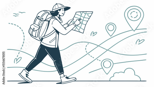 Adventure travel illustration: Person with backpack and map navigating a path with location pins and dotted lines.