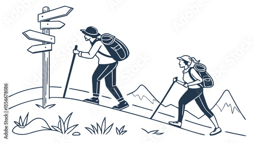 Two Hikers on Mountain Trail with Backpacks and Walking Sticks, Guided by Signpost. Outdoor Adventure Line Art.