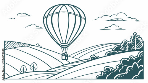 Line art illustration of a hot air balloon flying over scenic rural landscape with hills and fields