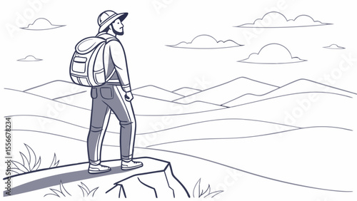 Adventure traveler on cliff edge contemplating scenic mountain view line art