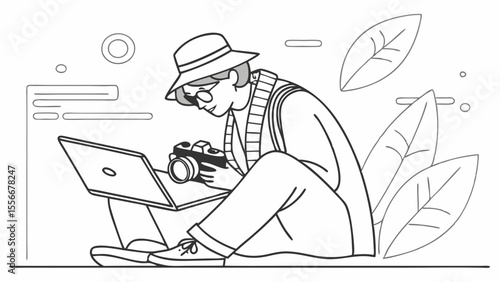 Photographer Editing Photos on Laptop Outdoors: Creative Digital Content Creator with Camera