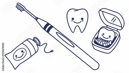 Happy Oral Care Tools Illustration: Toothbrush, Toothpaste, Floss, Smiling Tooth, and Dentures for Dental Hygiene