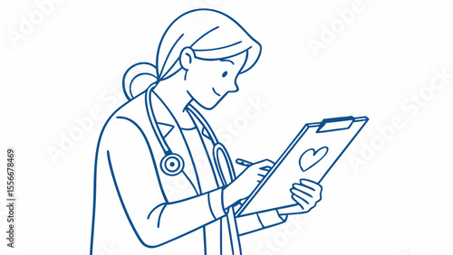 Smiling Female Doctor with Stethoscope Writing on Clipboard, Healthcare Professional Illustration