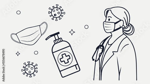Healthcare Worker with Mask, Hand Sanitizer, and Virus Symbols. Medical Safety & Hygiene Line Art.