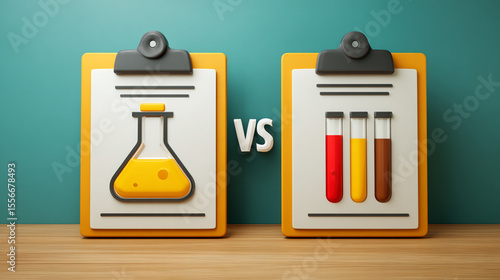 Science Showdown: A visual contest between science concepts, with a beaker on one side and test tubes on the other, presented on clipboards to illustrate comparison.