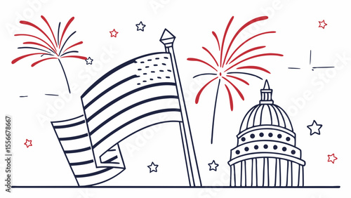 Patriotic USA Celebration Line Art with Flag, Capitol, and Fireworks