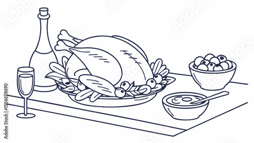 Traditional Holiday Dinner Table Setting with Roasted Bird, Wine, and Sides - Line Art Illustration