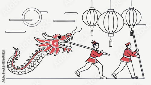Chinese Dragon Dance Performance with Traditional Lanterns. Cultural Festival Celebration Illustration