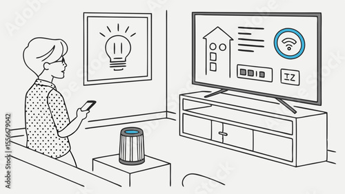 Smart Home Automation: Person controlling connected devices with smartphone and AI assistant, displaying interface on TV screen