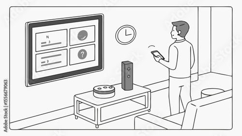 Smart Home Automation: Man controlling connected devices with smartphone and voice assistant in a modern living room.