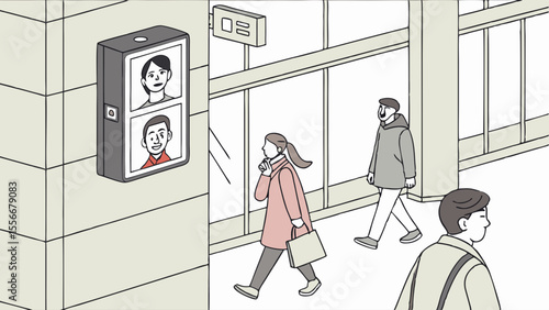 Urban Street Scene with Digital Display Board Showing Concerned Faces, Public Information Screen Illustration