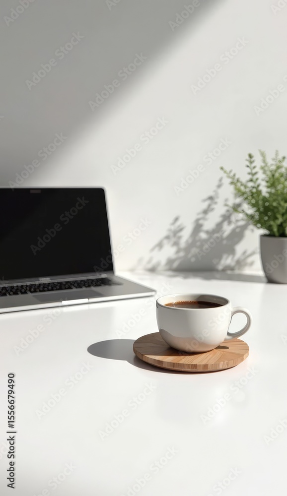 Obraz premium Coffee cup and laptop on table in office workspace