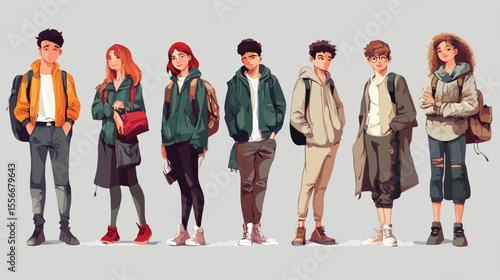 Flat Vector Illustration of Eight Young Students Character
