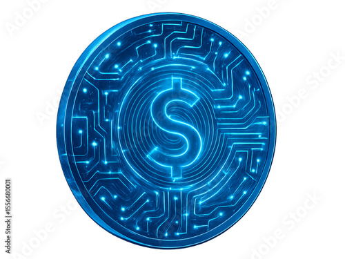 Digital blue coin with dollar symbol and circuit pattern design Isolyate on transparent background