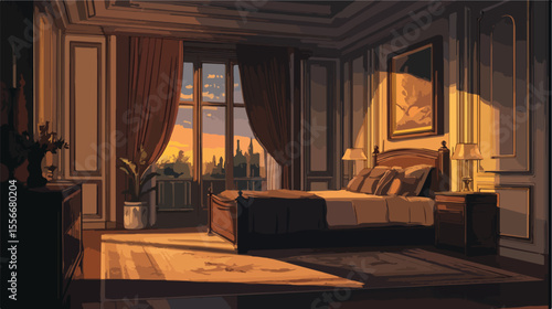 Luxurious Classic Bedroom Scene Vector Illustration