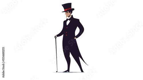 Elegant Cartoon Man in Top Hat with Cane Vector