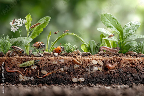Illustration depicts a detailed cross-section of soil showcasing plant roots, various insects, and worms interacting within a vibrant underground ecosystem