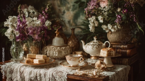 Elegant tea set and sweets display
