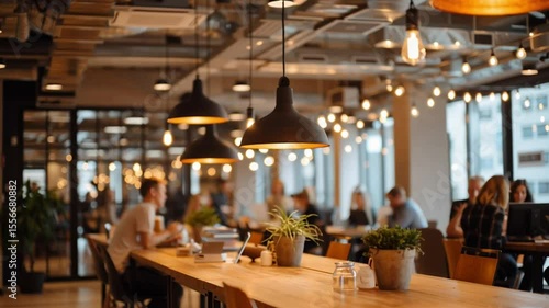 blurred view of open-plan coworking space with ambient warm lights