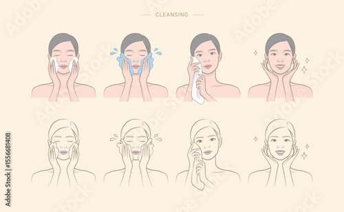 Woman's cosmetic skin care routine. Female character cleansing face
