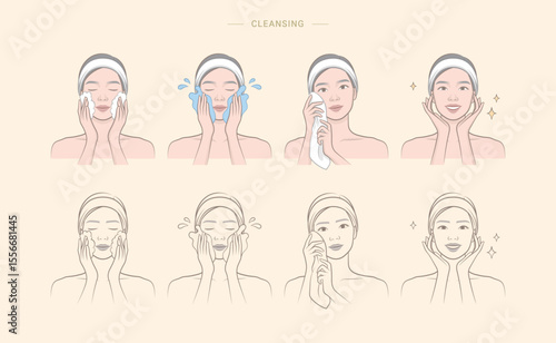 Woman's cosmetic skin care routine. Female character cleansing face