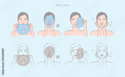 Woman's cosmetic skin care routine_Female character using face sheet mask