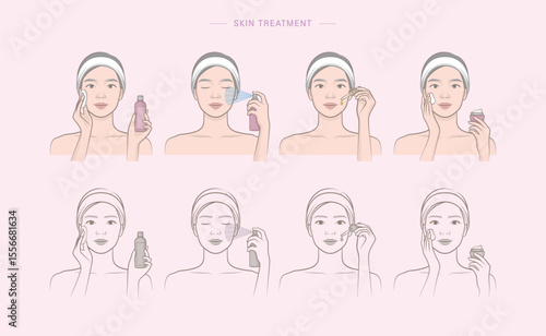 Woman's cosmetic skin care routine_Female character applying a toner, mist spray, ampoule, lotion, cream