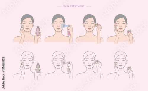 Woman's cosmetic skin care routine_Female character applying a toner, mist spray, ampoule, lotion, cream