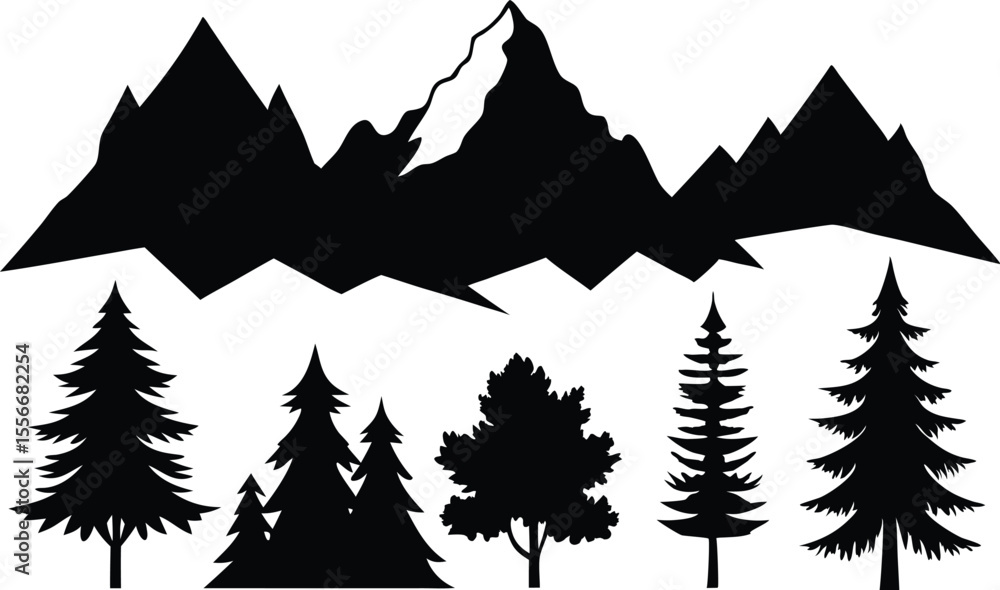 Obraz premium Silhouettes of Mountains, hills and trees. Design elements. Mountain ranges, hills and forests, outdoors, nature, travel vector design