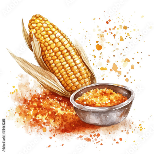 watercolor of Roasted Corn Cob Spices, vector, isolated on a white background.
